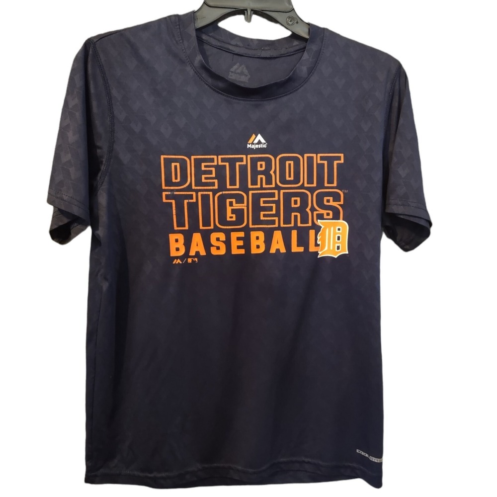 Detroit Tigers Shirt Youth Size 14-16 LG Majestic Baseball Cool Base Logo Blue
